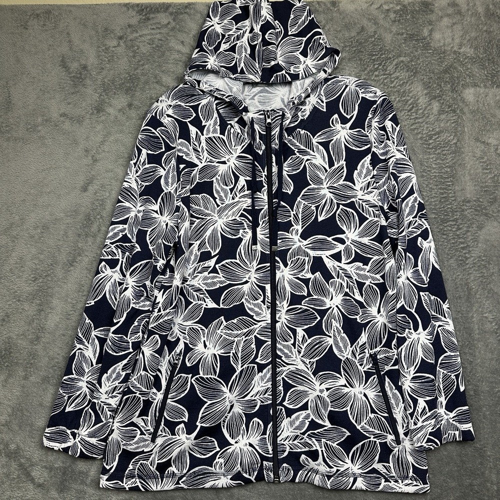 T‎ by Talbots Hoodie Jacket Top Women's Petite Large Blue White Floral Zip Up